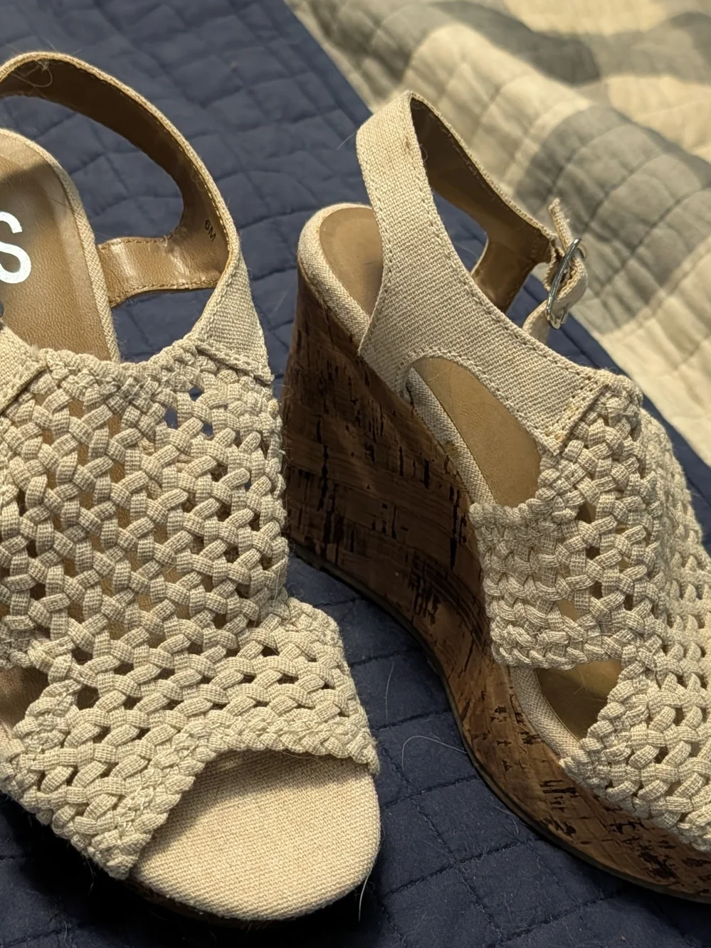 Braided Slingback Cork Wedges in Cream